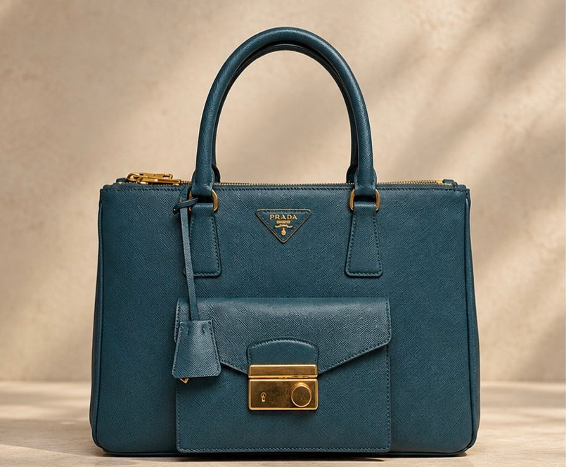 PRADA Saffiano Lux Front Pocket tote Bluette / deep teal blue