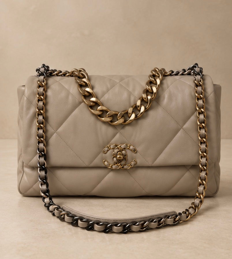 Chanel Beige Quilted Lambskin Chanel 19 Large Flap Shoulder Bag