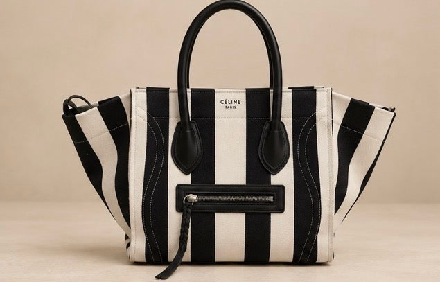 CELINE Black & White Striped Canvas Medium Phantom Luggage Tote