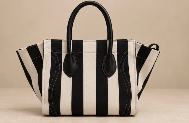 CELINE Black & White Striped Canvas Medium Phantom Luggage Tote