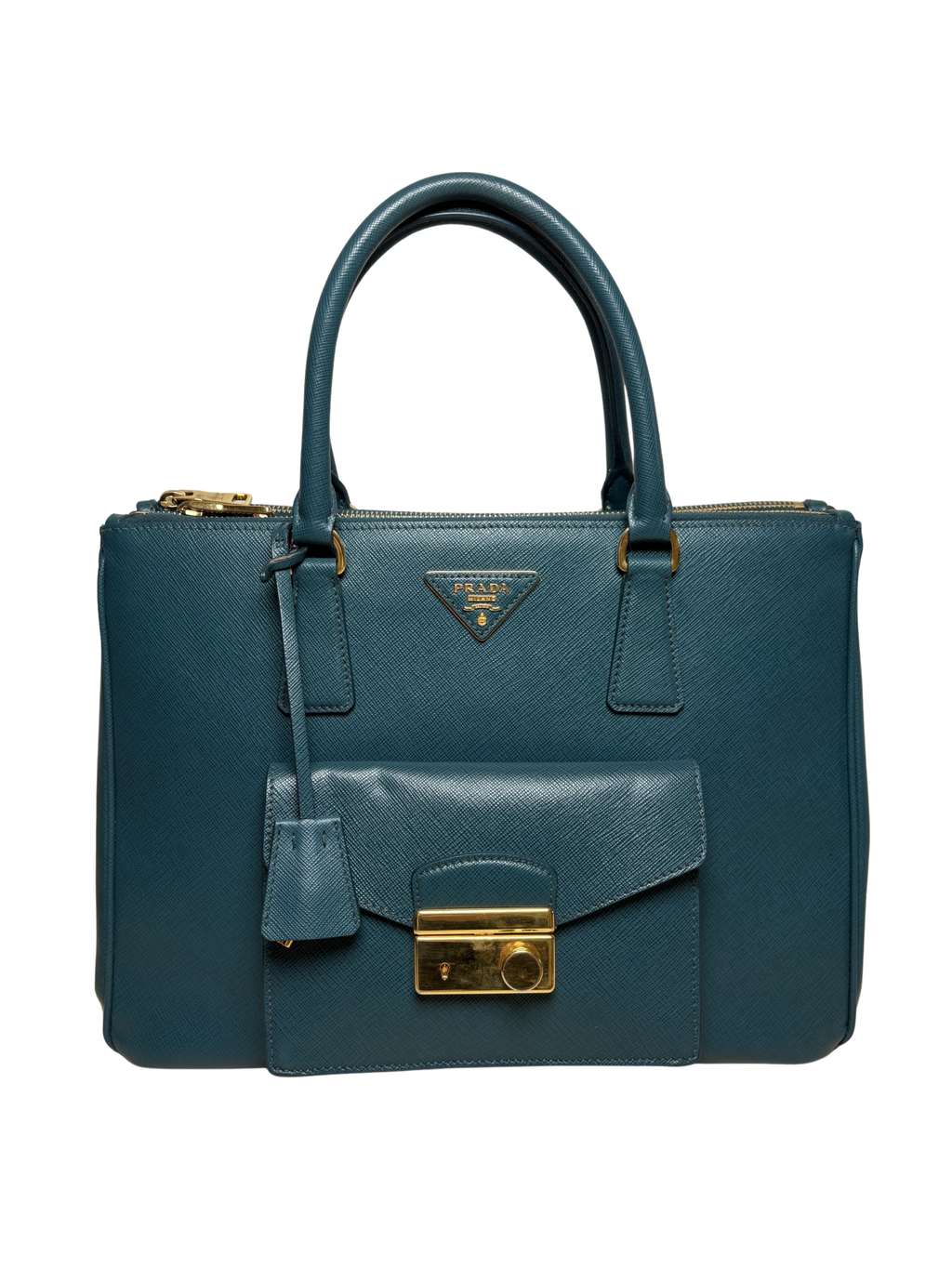 PRADA Saffiano Lux Front Pocket tote Bluette / deep teal blue