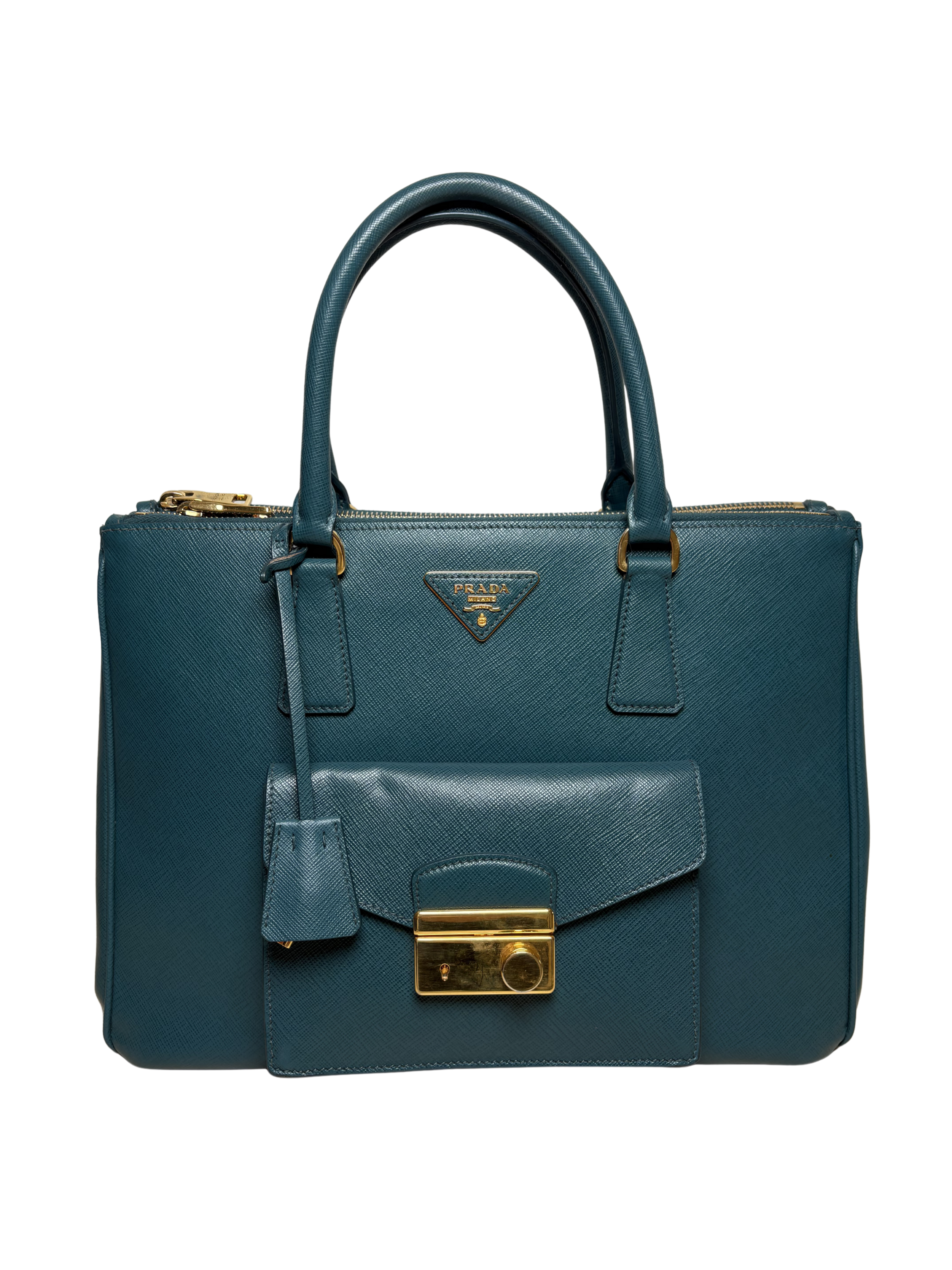 PRADA Saffiano Lux Front Pocket tote Bluette / deep teal blue