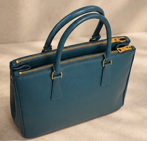 PRADA Saffiano Lux Front Pocket tote Bluette / deep teal blue